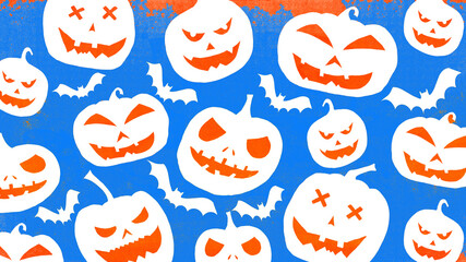 HALLOWEEN symbol background template design -Top view Silhouette of scary carved luminous cartoon pumpkins and bats isolated on orange blue texture
