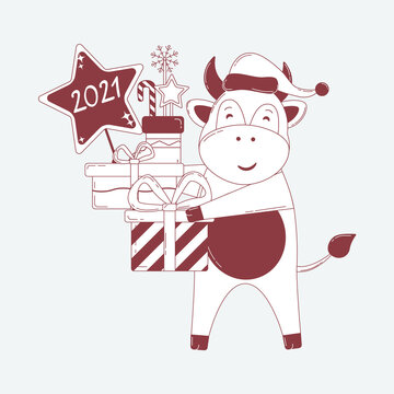 New year 2021. Cheerful  ox burgundy color whith presents. Happy chinese new year 2021 of the ox, isolated on white.  Symbol of the year. Vector illustration. Clip art for web card, poster, cover.