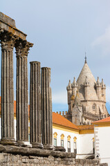 Santa Maria cathedral viewed from the roman temple of Diana, Evora, Alentejo, Portugal, Unesco World Heritage Site