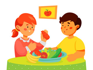 Children eating fruit and vegetables - colorful flat design style illustration
