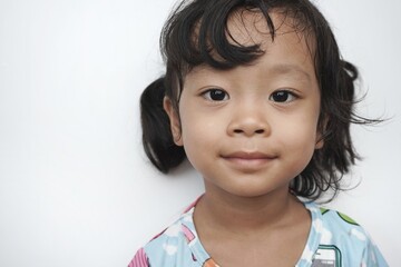 Portrait little Asian girl face(4 year old), and white background (real people and real bodies concept)
