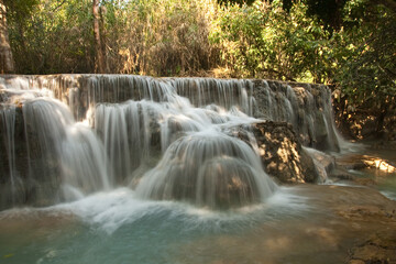 Kuang Si Falls Laos, famous waterfalls in the jungle with beautiful landscape