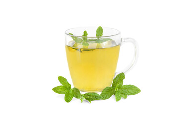 Fresh cup of mint tea with fresh mint leaves isolated on a white background. © Studio 888