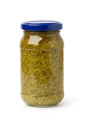 basil pesto sauce in glass jar