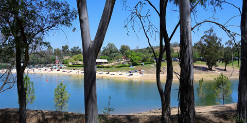 Fototapeta premium River beach, Tapada Grande reservoir, Mina de Sao Domingo, Mertola district, Alentejo, Portugal