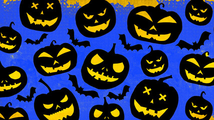 HALLOWEEN symbol background template design -Black silhouette of scary carved luminous cartoon pumpkins and bats isolated on yellow blue texture