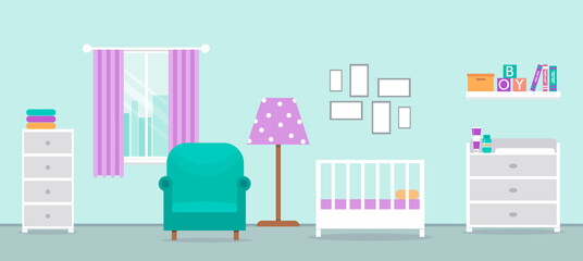 Cozy interior of the nursery. Design of a room for a newborn. Children's room with furniture for the boy. Changing table, crib and other items for a newborn. Vector illustration in flat cartoon style.