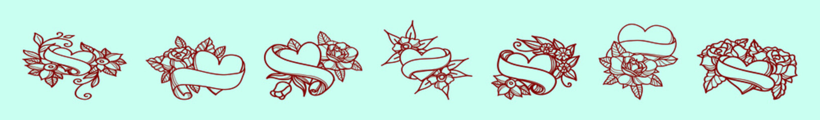 set of tattoo heart with ribbon. old school retro cartoon icon design template with various models. vector illustration isolated on blue background