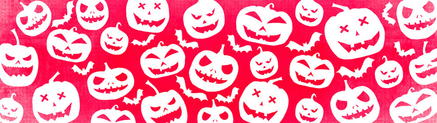 HALLOWEEN symbol background banner wide panoramic panorama template design -White silhouette of scary carved luminous cartoon pumpkins and bats isolated on red texture