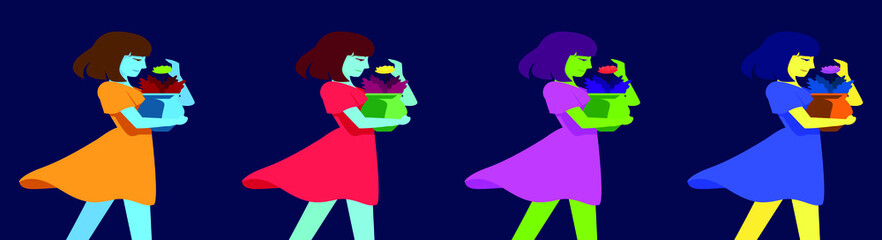 set of girl holding flower pot cartoon icon design template with various models. vector illustration isolated on blue background