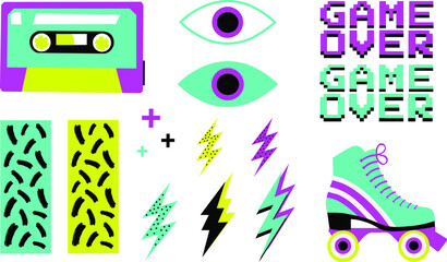 Retro set vector illustration with roller skate, eyes, casette, and different elements