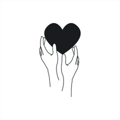 Logo design template with woman's hands holding heart. Line art minimalism style. Vector illustration