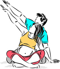 pregnant mother with man father fitness concept stretching vector illustration