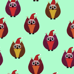 New Year seamless pattern with owls on a green background