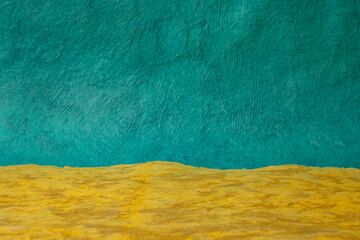 colorful abstract landscape in yellow and blue - a collection of colorful handmade Mexican bark...
