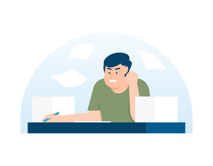 illustration of a male employee who is angry because there is still a lot of work. the concept of workload, work overtime, tasks are getting pile up. flat style. UI element design