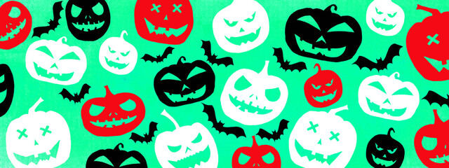 HALLOWEEN symbol background banner wide panoramic panorama template design -White black red silhouette of scary carved luminous cartoon pumpkins and bats isolated on green texture