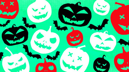 HALLOWEEN symbol background template design -White black red silhouette of scary carved luminous cartoon pumpkins and bats isolated on green texture