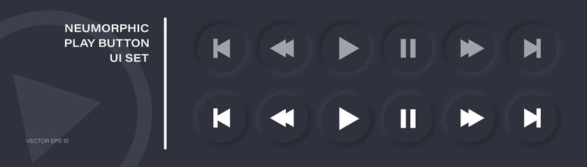 Play button icon set in modern neumorphism style; neomorphic vector music and media control symbol collection