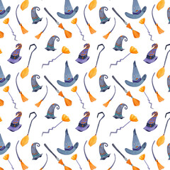 Halloween Brooms and Hats seamless pattern. Watercolor broomsticks and sorceress' hats. Celebration holiday festive background. October november wallpaper