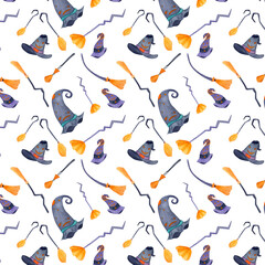 Halloween Brooms and Hats seamless pattern. Witchcraft watercolor illustration. White background. Sorceress magical wallpaper. 