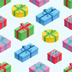 Colorful seamless pattern with cute isometric gift boxes. Background with presents for Christmas, Birthday, Sale etc. Flat style. Vector illustration