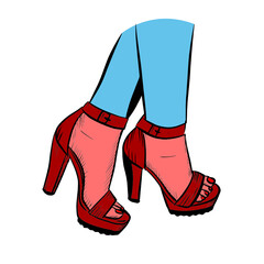 Women's feet in shoes, vector graphics. Women's foot close-up, drawing, girl in heels