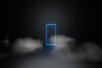 abstract blue Laser Neon light glowing lines rectangular frame smoke fog background 3d rendering