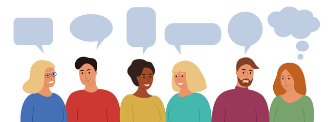 Group of smiling people in colorful  clothes. Blank empty speech bubbles. Happy men and women talking. Vector illustration, flat style