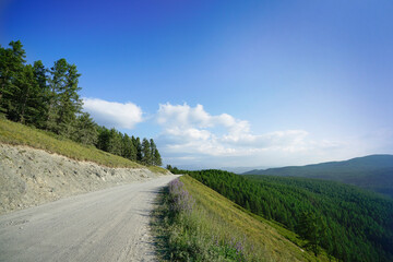 Fototapeta na wymiar Deserted country road among the mountains in Altai