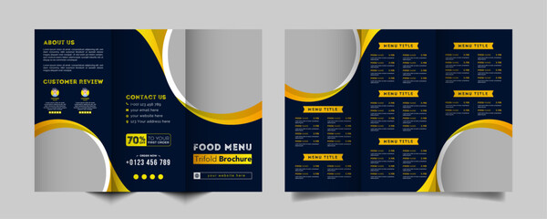 Food trifold brochure menu template. vintage fast food menu brochure for restaurant with blue and  yellow color