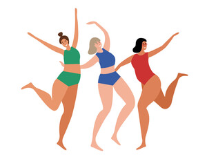 Fototapeta premium Group of colorful smiling dancing girls. Plus size women. Body positive. Young happy female dancers party. Women dancing. Isolated on white background. Cartoon flat style vector illustration