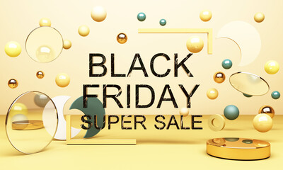 Black Friday Poster or banner with geometric shape in black and yellow colour concept 3d rendering