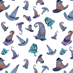 Halloween Witch's hats watercolor seamless pattern. Scary faces illustration. Holiday festive decoration background. 