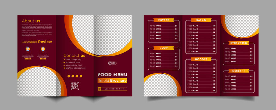Food trifold brochure menu template. fast food menu brochure for restaurant with red color