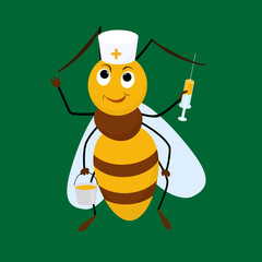 Apitherapy illustration. Bee doctor with syringe in cartoon style. Apiotherapy, beekeeping concept