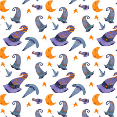 Fototapeta premium Halloween Hats and Moon watercolor seamless pattern. Celebration decorative background. Hand drawn art wallpaper. 