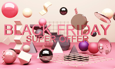 Black Friday Poster or banner with geometric shape in pink and grey colour concept 3d rendering