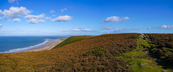 Gower Peninsular Rhossilli Bay Panoramic with Green Hills surrounding the Sandy Bay - Green Welsh Hillsides