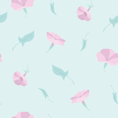 Vector seamless pattern with pink bindweeds and mint green background