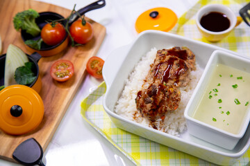 Crispy fried pork bowl full set, rich in nutrients for lunch.