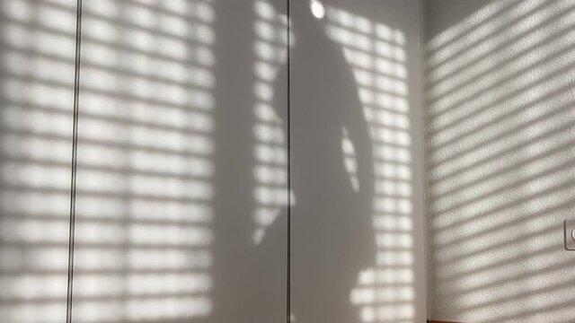 Shadow of blinds and a woman taking off her shorts and underwear, white wall and wardrobe.