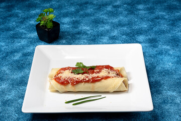 delicious meat pancake with red sauce and parmesan cheese