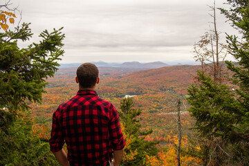 Back view of a man with a lumberjack shirt admiring the autumnal view in the Mont-Orford national park, Canada