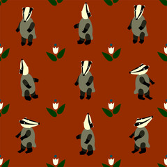 Bright  pattern with badgers and abstract flowers on the red background . In Scandinavian style. For textiles, wallpapers, designer paper, etc