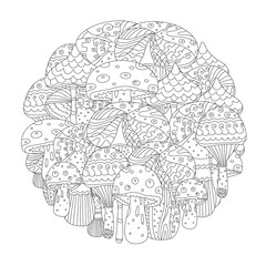 Fototapeta premium outlined circle pattern with collection of funny mushrooms for y