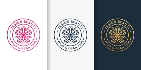 Jasmine logo with emblem line art style and business card design template Premium Vector