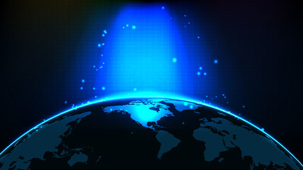 abstract futuristic background of blue glowing light and north america world maps © moxumbic