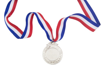 Silver medal with ribbon isolated on white background	