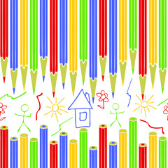 Seamless vector pattern with colour pencils on white background. Simple kids art wallpaper design. preschool fashion textile.